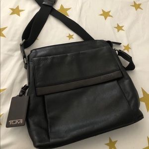 TUMI black leather crossbody purse